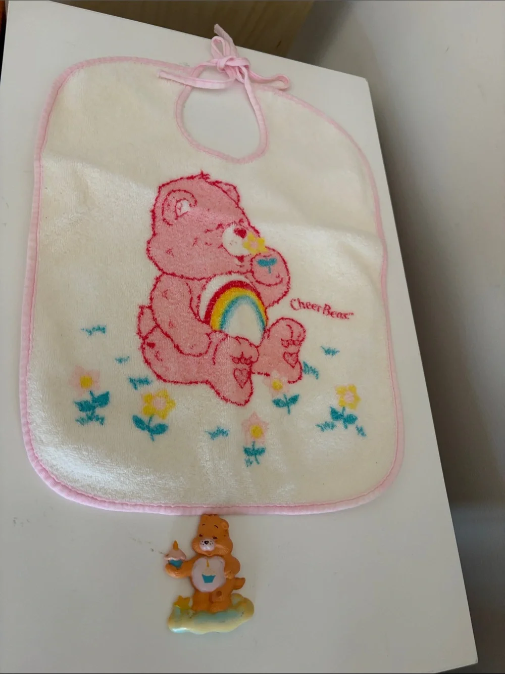 Care Bears Pink and White Cheer Bear  Bib with Birthday Bear Magnet